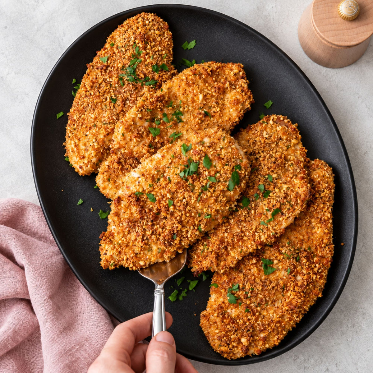Cooked chicken coated with Palena Fresh Keto Krumbies